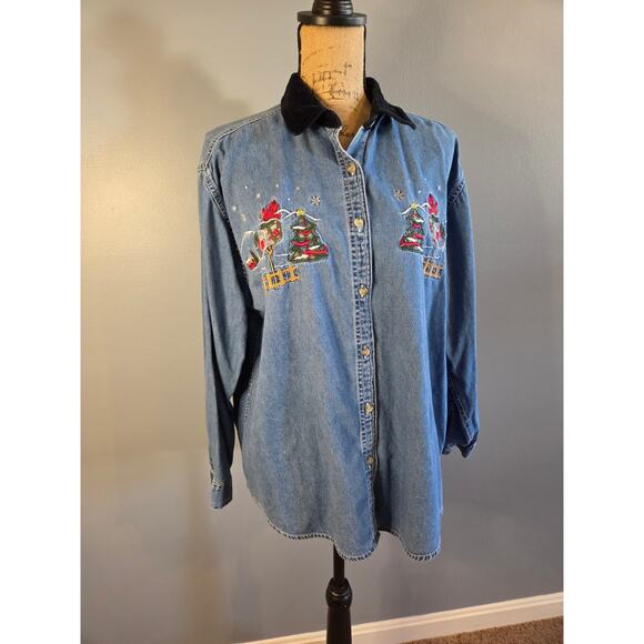 Vintage holiday denim button up velvet basic edition cardinal bird winter L - Picture 1 of 7